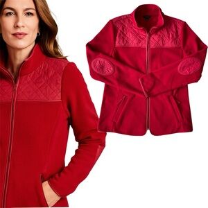 Talbots Fleece Jacket Quilted Elbow Patch Full Zip Red Small Outdoor